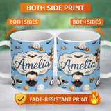 Personalized Custom Name Cute Halloween Vampire Ghost Bats Spooky Blue Background Seamless 11oz Ceramic Coffee Tea Mug White Large Handle