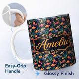 Personalized Custom Name Stylised Ocean Fish Pattern with Elegant Botanical Elements on Black 11oz Ceramic Coffee Tea Mug White Large Handle