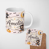Personalized Custom Name Halloween Witch Cat Moon Stars Spooky Night Blush Seamless Pattern 11oz Ceramic Coffee Tea Mug White Large Handle