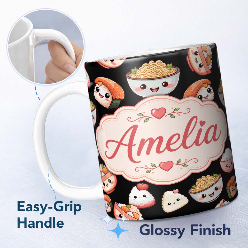 Personalized Custom Name Cute Kawaii Sushi And Japanese Food Seamless Pattern White Lovely 11oz Ceramic Coffee Tea Mug White Large Handle