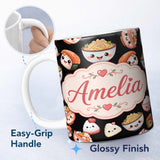 Personalized Custom Name Cute Kawaii Sushi And Japanese Food Seamless Pattern White Lovely 11oz Ceramic Coffee Tea Mug White Large Handle