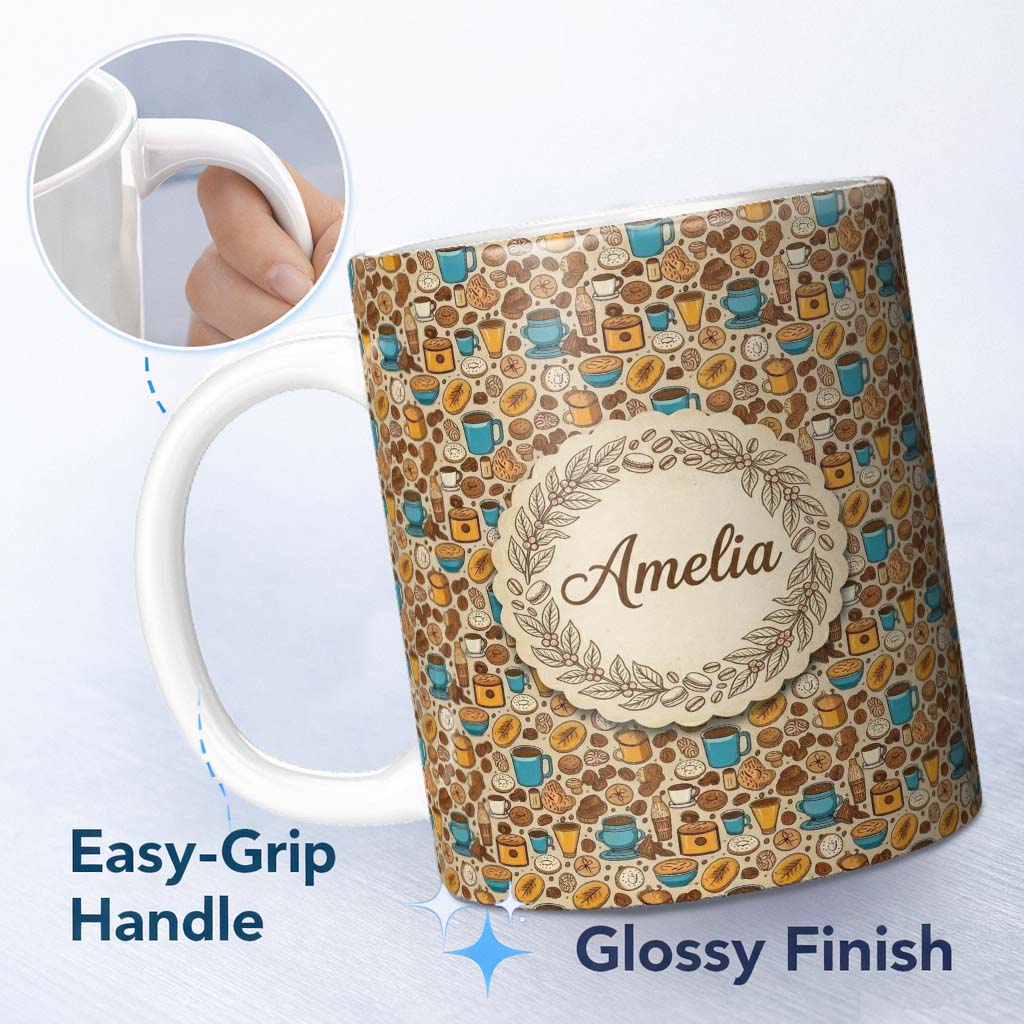 Personalized Custom Name Bakery Coffee and Pastries Cozy Food Seamless Pattern Lovely 11oz Ceramic Coffee Tea Mug White Large Handle
