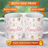 Personalized Custom Name Elegant Gold Pink Christmas Tree Watercolor Seamless Pattern Lovely 11oz Ceramic Coffee Tea Mug White Large Handle