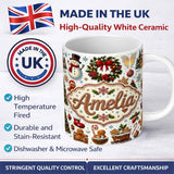 Personalized Custom Name Vintage Christmas Snowman Wreath Gingerbread Tree Seamless Pattern 11oz Ceramic Coffee Tea Mug White Large Handle