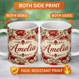 Personalized Custom Name Watercolor Red Botanical Leaves Seamless Pattern Cute Unique Gift 11oz Ceramic Coffee Tea Mug White Large Handle