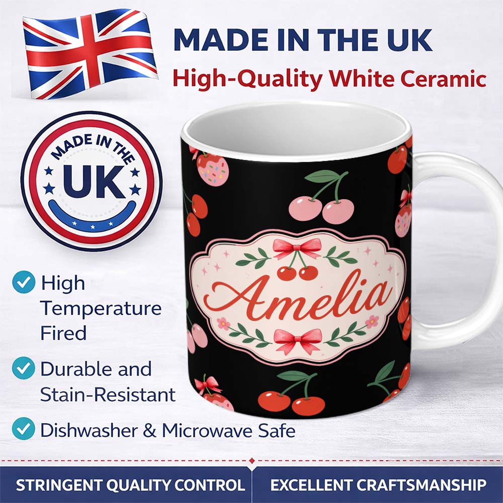 Personalized Custom Name Cute Cherry Fruit Cream Neutral Background Seamless Pattern Lovely 11oz Ceramic Coffee Tea Mug White Large Handle
