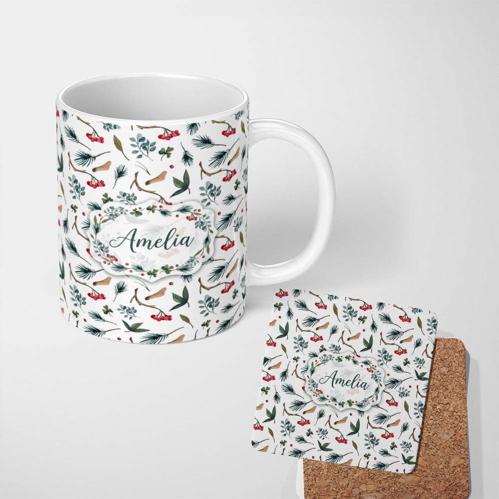 Personalized Custom Name Watercolor Winter Branch Pine Leaf Berry Natural Seamless Pattern 11oz Ceramic Coffee Tea Mug White Large Handle