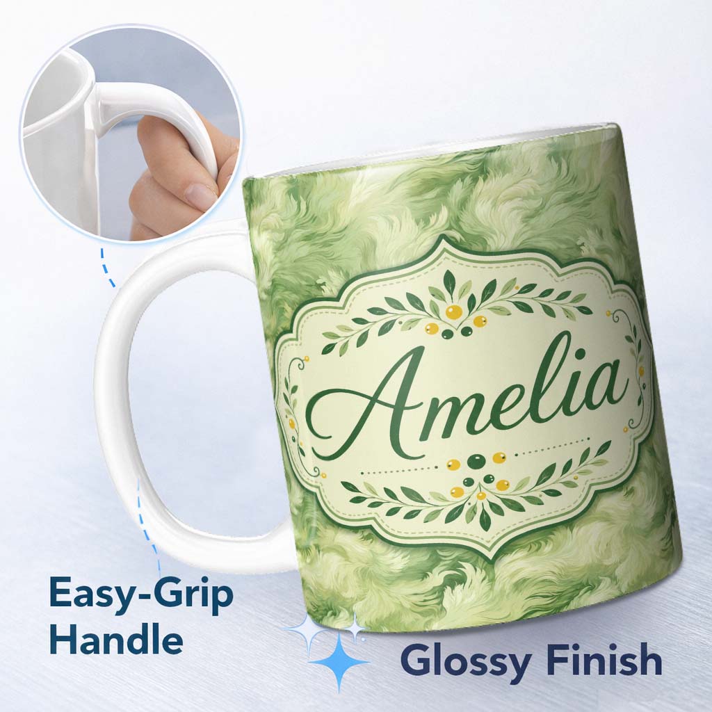 Personalized Custom Name Soft Green Abstract Marble Swirl Seamless Pattern Cute Unique Gift 11oz Ceramic Coffee Tea Mug White Large Handle