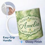 Personalized Custom Name Soft Green Abstract Marble Swirl Seamless Pattern Cute Unique Gift 11oz Ceramic Coffee Tea Mug White Large Handle