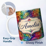 Personalized Custom Name Rainbow Abstract Leaf Swirl Seamless Pattern Thoughtful Gift Idea 11oz Ceramic Coffee Tea Mug White Large Handle