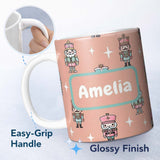Personalized Custom Name Cute Nutcracker Soldiers Christmas Toy Characters Pattern Beige 11oz Ceramic Coffee Tea Mug White Large Handle