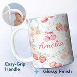 Personalized Custom Name Strawberry Cherry Daisy White Blue Outline Cute Coquette Floral 11oz Ceramic Coffee Tea Mug White Large Handle