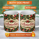 Personalized Custom Name Cute Christmas Santa Reindeer Gifts and Holiday Elements Seamless 11oz Ceramic Coffee Tea Mug White Large Handle