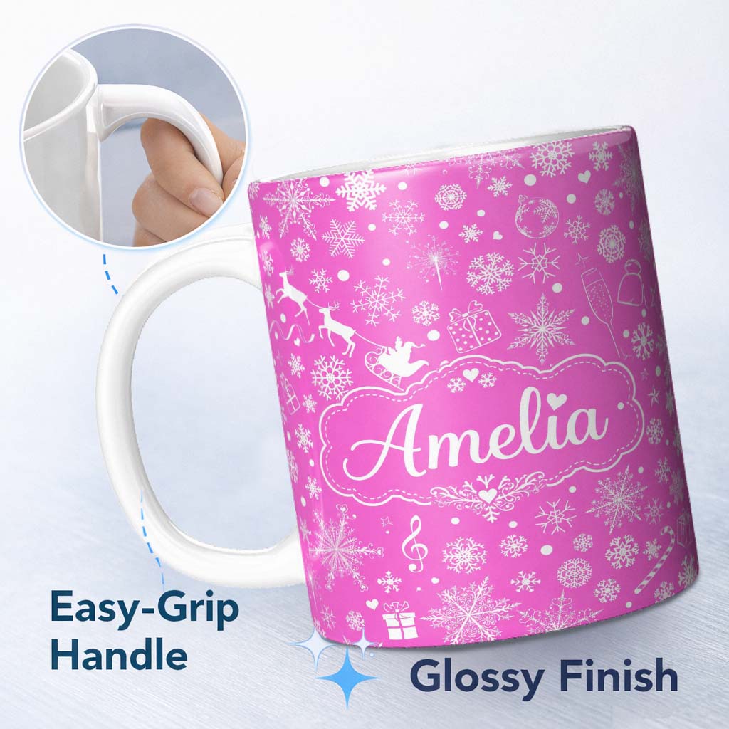 Personalized Custom Name Festive Pink Christmas Snowflakes Reindeer Seamless Pattern Lovely 11oz Ceramic Coffee Tea Mug White Large Handle