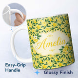 Personalized Custom Name Modern Flat Style Lemon Slices and Leaves on Yellow Background 11oz Ceramic Coffee Tea Mug White Large Handle