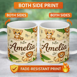 Personalized Custom Name Cute Jungle Animals Lion Tiger Leopard Tropical Leaves Beige Lovely 11oz Ceramic Coffee Tea Mug White Large Handle