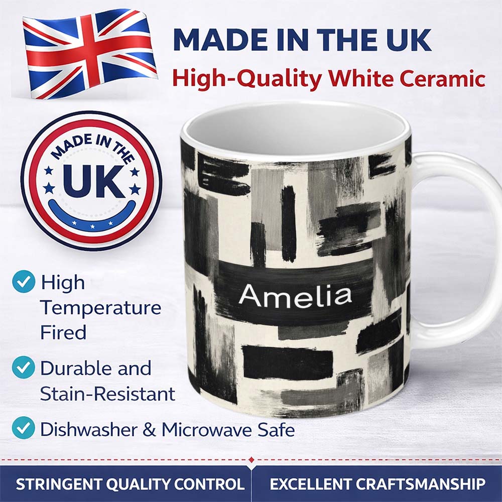Personalized Custom Name Monochrome Brushstroke Blocks Black Grey Abstract Texture Pattern 11oz Ceramic Coffee Tea Mug White Large Handle