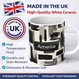 Personalized Custom Name Monochrome Brushstroke Blocks Black Grey Abstract Texture Pattern 11oz Ceramic Coffee Tea Mug White Large Handle