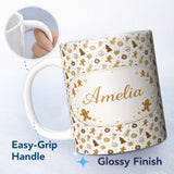 Personalized Custom Name Gingerbread Christmas Cookies Pattern White Background Seamless 11oz Ceramic Coffee Tea Mug White Large Handle