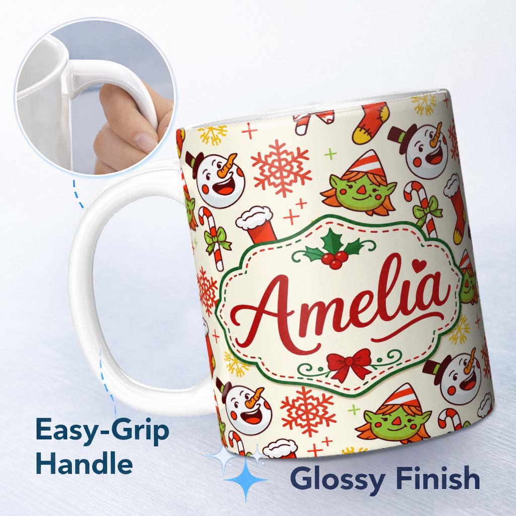 Personalized Custom Name Cute Snowman Elf Candy Cane Christmas Stocking Festive Seamless 11oz Ceramic Coffee Tea Mug White Large Handle