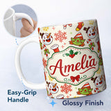 Personalized Custom Name Cute Snowman Elf Candy Cane Christmas Stocking Festive Seamless 11oz Ceramic Coffee Tea Mug White Large Handle
