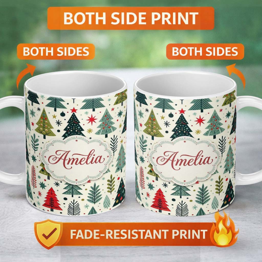Personalized Custom Name Scandi Christmas Trees Geometric Red Green Snowflakes Seamless 11oz Ceramic Coffee Tea Mug White Large Handle