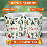 Personalized Custom Name Scandi Christmas Trees Geometric Red Green Snowflakes Seamless 11oz Ceramic Coffee Tea Mug White Large Handle