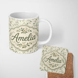 Personalized Custom Name Delicate Green Botanical Branches on Soft Cream Seamless Pattern 11oz Ceramic Coffee Tea Mug White Large Handle