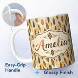 Personalized Custom Name Rustic Feather Tribal Pattern Warm Brown Tones Seamless Pattern 11oz Ceramic Coffee Tea Mug White Large Handle