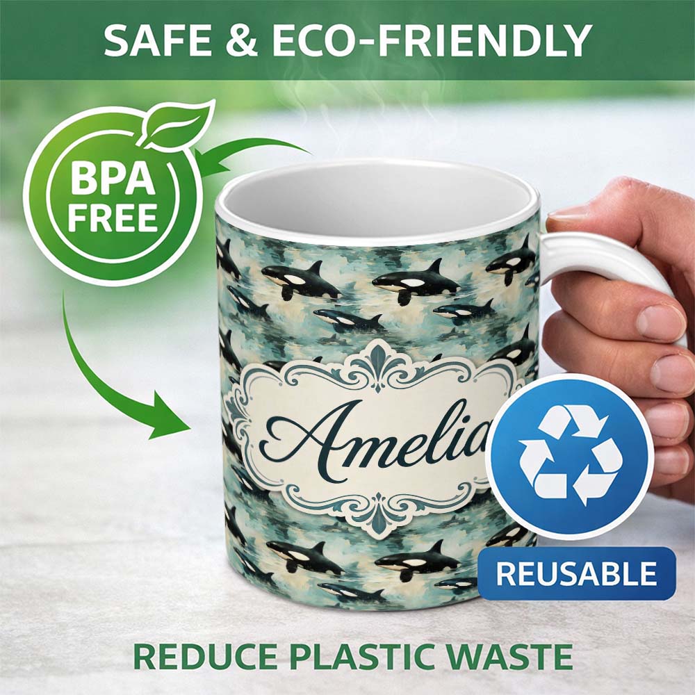 Personalized Custom Name Orca Whale Bubble Ocean Seamless Pattern Playful Marine Life Design 11oz Ceramic Coffee Tea Mug White Large Handle