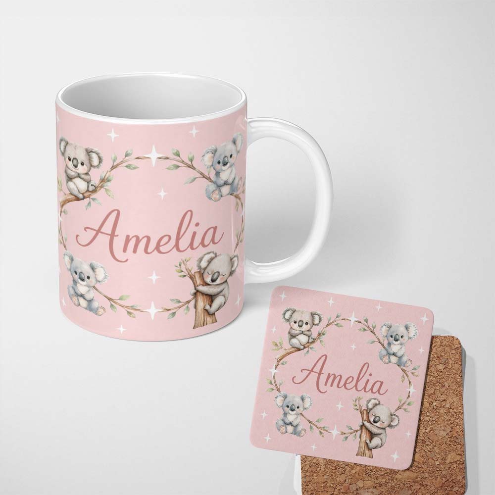 Personalized Custom Name Cute Baby Koala Bears with Stars on Blush Pink Background Seamless 11oz Ceramic Coffee Tea Mug White Large Handle