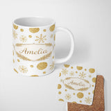 Personalized Custom Name Gold Snowflakes and Glitter Dots Seamless Pattern Cute Unique Gift 11oz Ceramic Coffee Tea Mug White Large Handle