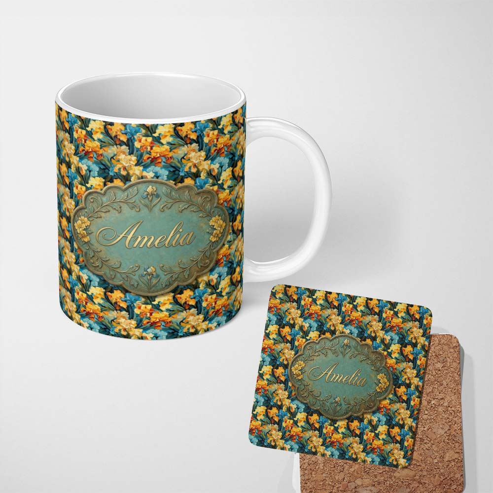 Personalized Custom Name Colorful Iris Floral Seamless Pattern in Blue and Yellow on Dark 11oz Ceramic Coffee Tea Mug White Large Handle