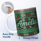 Personalized Custom Name Christmas Heart Stripe Scandinavian Knit Seamless Pattern Lovely 11oz Ceramic Coffee Tea Mug White Large Handle