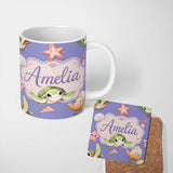 Personalized Custom Name Cute Cartoon Sea Turtle Starfish Shells on Purple Background Lovely 11oz Ceramic Coffee Tea Mug White Large Handle