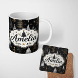 Personalized Custom Name Luxury Christmas Trees Black Gold Silver Glitter Stars Seamless 11oz Ceramic Coffee Tea Mug White Large Handle