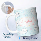 Personalized Custom Name Cute Kawaii Seal Cartoon Animal Ocean Pattern Stylish Everyday Mug 11oz Ceramic Coffee Tea Mug White Large Handle