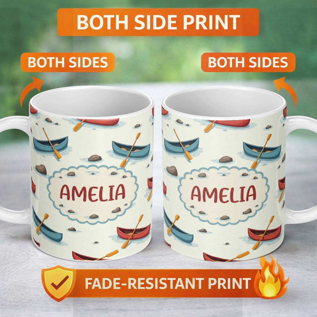 Personalized Custom Name Cute Canoes with Duck Lake Water Adventure Seamless Pattern Lovely 11oz Ceramic Coffee Tea Mug White Large Handle