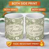 Personalized Custom Name Soft White Floral Branches on Light Green Background Seamless Lovely 11oz Ceramic Coffee Tea Mug White Large Handle