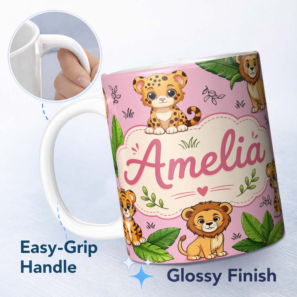 Personalized Custom Name Cute Jungle Animals Lion Tiger Leopard Tropical Leaves Soft Pink 11oz Ceramic Coffee Tea Mug White Large Handle