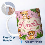 Personalized Custom Name Cute Jungle Animals Lion Tiger Leopard Tropical Leaves Soft Pink 11oz Ceramic Coffee Tea Mug White Large Handle