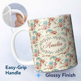 Personalized Custom Name Turquoise Coral Floral Branch Artistic Seamless Pattern Lovely 11oz Ceramic Coffee Tea Mug White Large Handle