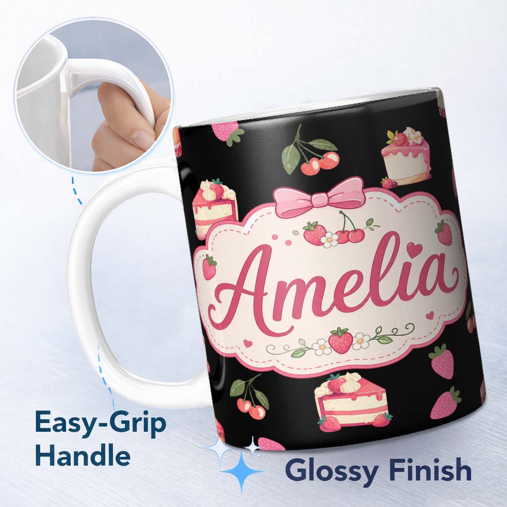 Personalized Custom Name Cute Chocolate Bars and Creamy Milkshakes with Strawberries Seamless 11oz Ceramic Coffee Tea Mug White Large Handle