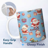 Personalized Custom Name Cute Santa Claus Mrs Claus Snowman Christmas Gift Pattern Blue 11oz Ceramic Coffee Tea Mug White Large Handle