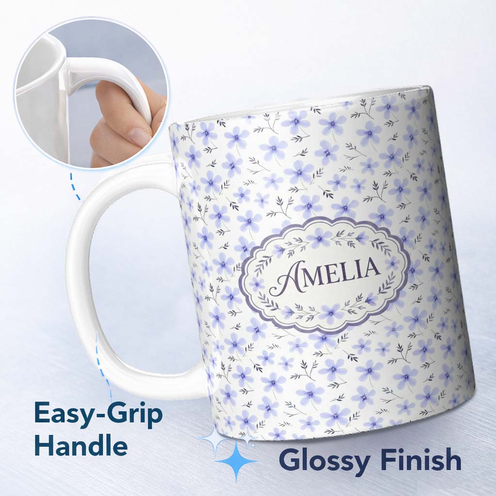 Personalized Custom Name Delicate Light Blue Floral Ditsy Seamless Pattern Cute Unique Gift 11oz Ceramic Coffee Tea Mug White Large Handle