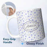 Personalized Custom Name Delicate Light Blue Floral Ditsy Seamless Pattern Cute Unique Gift 11oz Ceramic Coffee Tea Mug White Large Handle