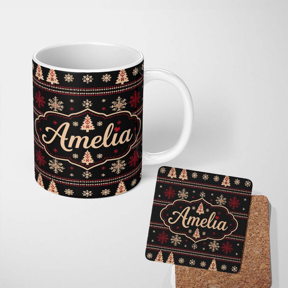 Personalized Custom Name Black Red Nordic Christmas Tree Snowflake Knit Seamless Pattern 11oz Ceramic Coffee Tea Mug White Large Handle