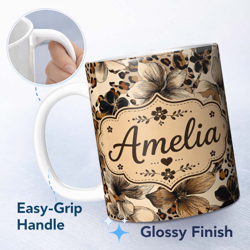 Personalized Custom Name Elegant Neutral Floral and Leopard Print with Hand Drawn Botanical 11oz Ceramic Coffee Tea Mug White Large Handle