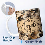 Personalized Custom Name Elegant Neutral Floral and Leopard Print with Hand Drawn Botanical 11oz Ceramic Coffee Tea Mug White Large Handle