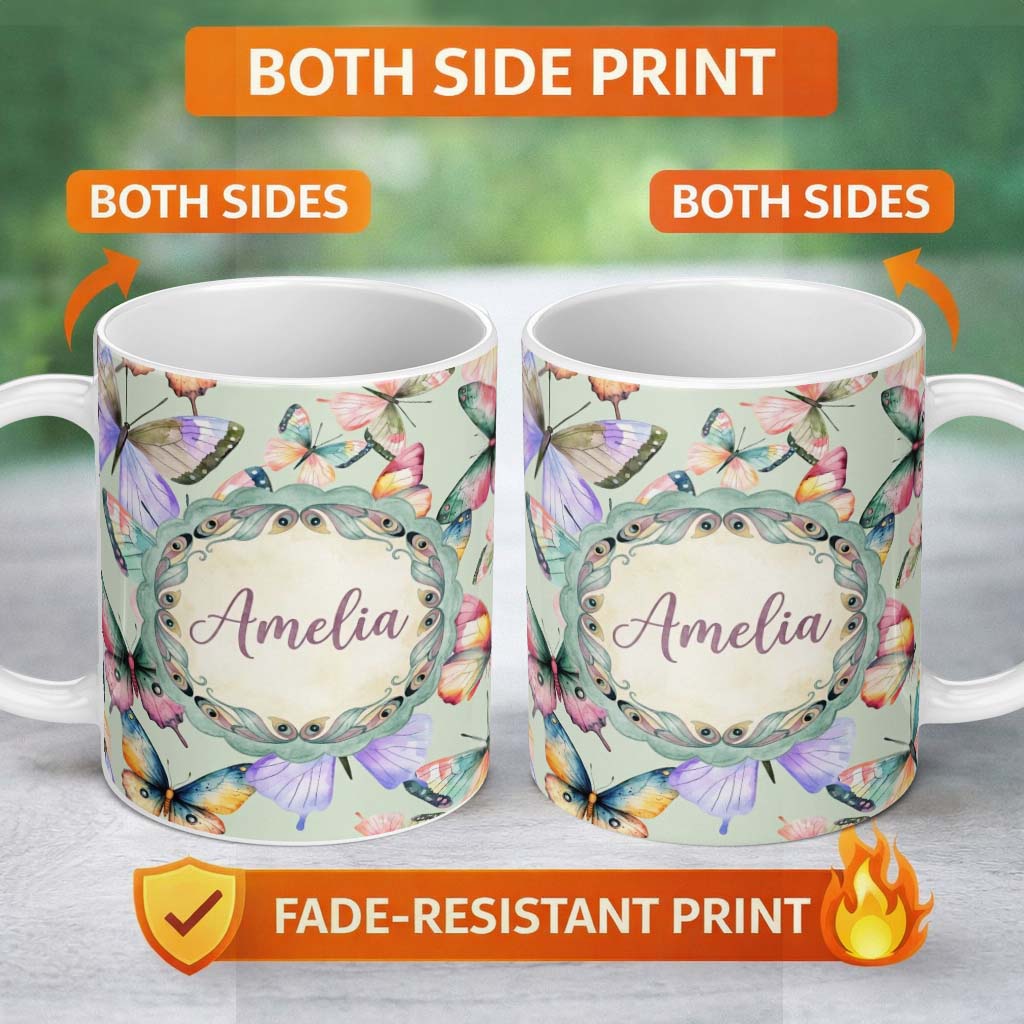 Personalized Custom Name Colorful Watercolor Butterflies on Sage Green Background Seamless 11oz Ceramic Coffee Tea Mug White Large Handle